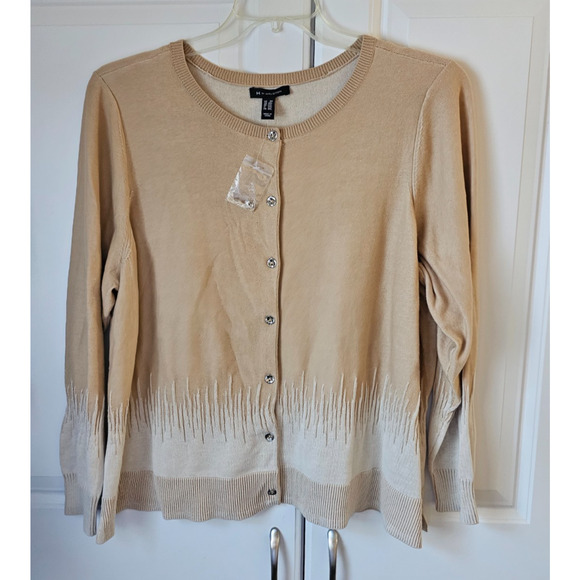 H by Halston Engineered Zig Zag Jacquard Rib Cardigan Beige Large 2XL NWOT - Picture 1 of 6